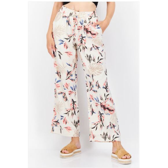 Briggs Women Drawstring Floral Print Straight Linen Blend Pants Beige Combo XL - Picture 1 of 13